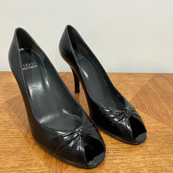 Stuart Weitzman Rita Pump 8M Black Leather High Heels Peep Toes Knot Shoes - Picture 6 of 14